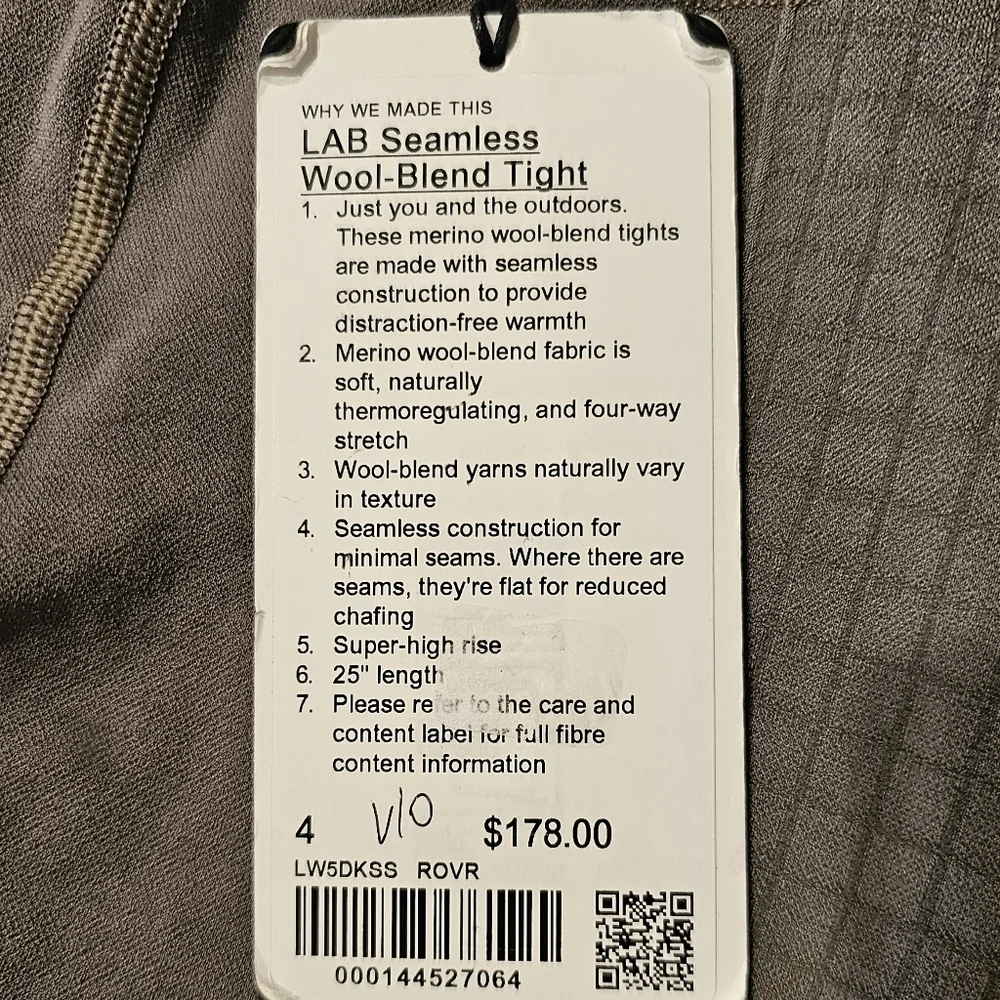 lululemon Lab Seamless W'ool-Blend Tight color rover(Grey) size 4